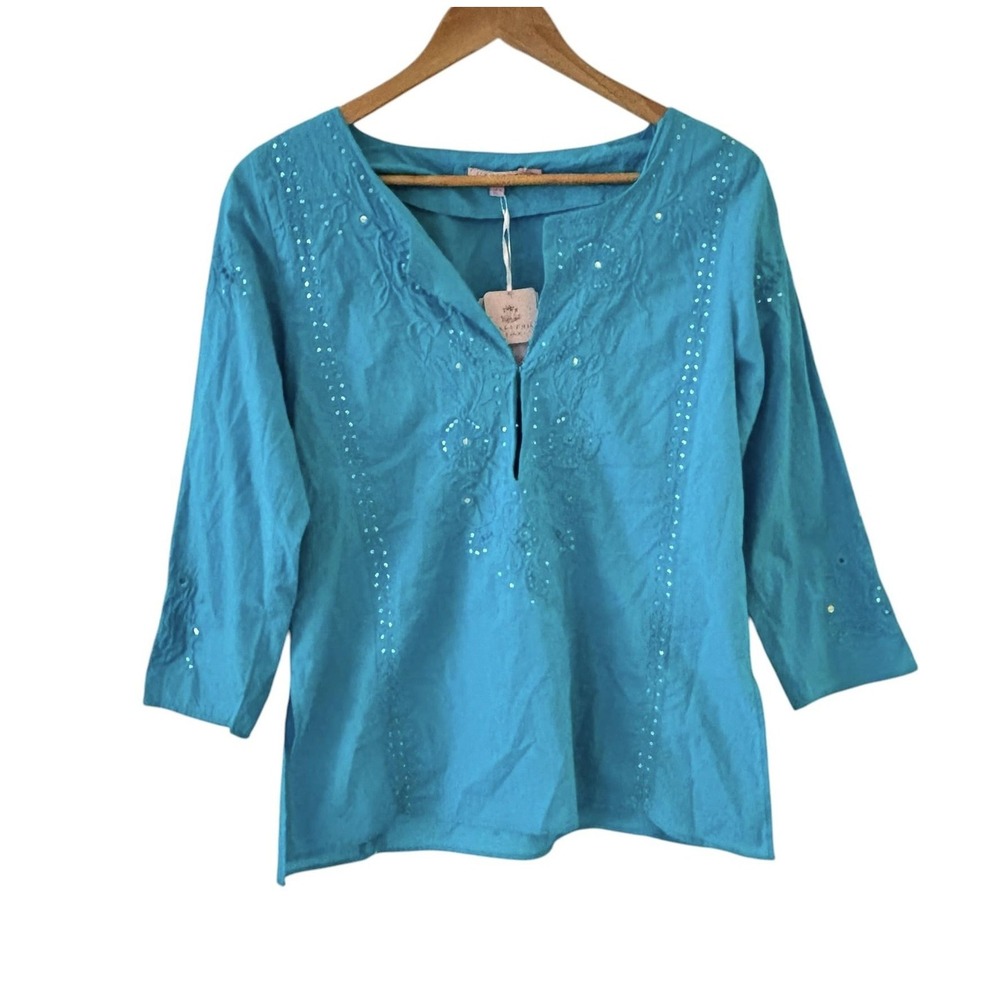Calypso St. Barth Archella Embroidered Tunic Top Womens XS Blue Sequin Boho NWT